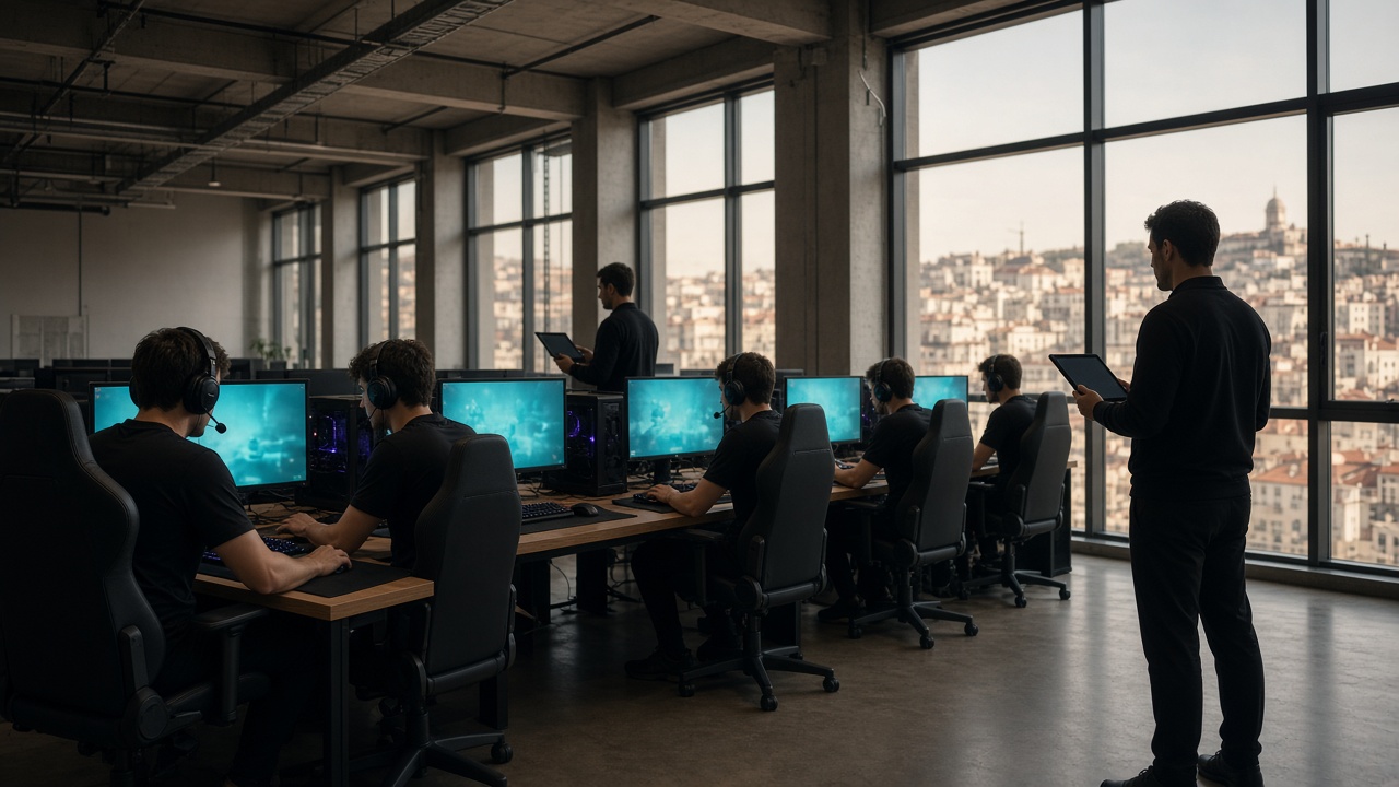 Cinco PCs de bootcamp alinhados junto à janela