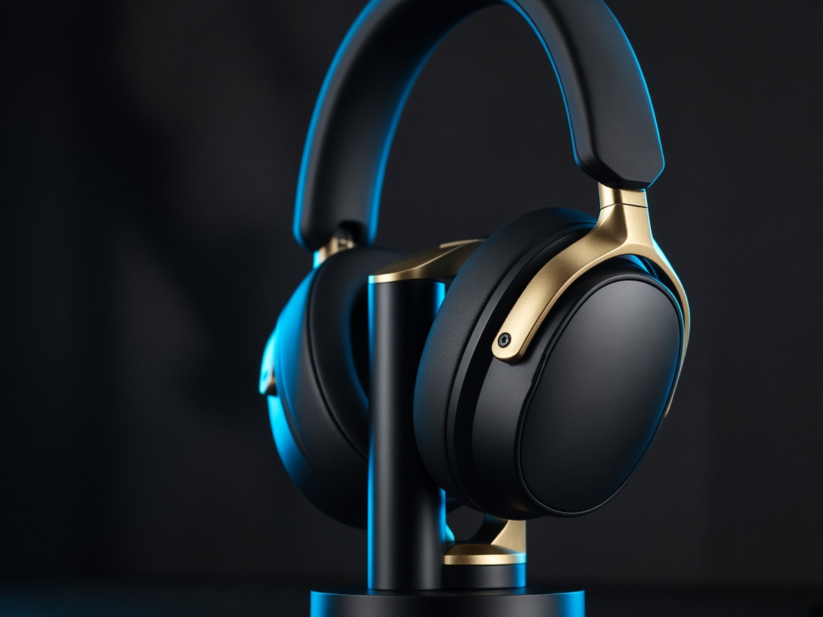 Headset fechado em detalhe, com aro dourado