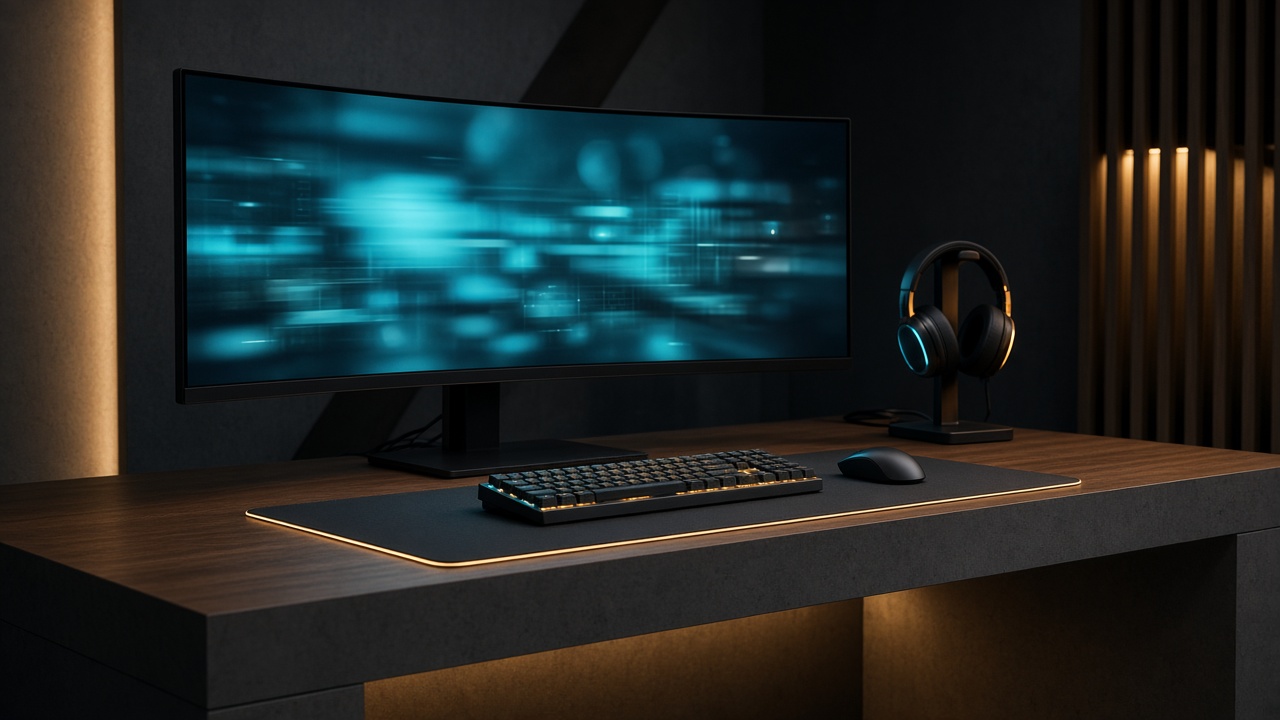 Battlestation com monitor ultrawide e luz ciano